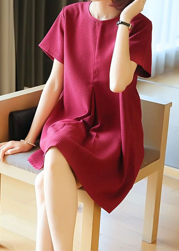 Classy Mulberry O-Neck Wrinkled Cotton Mini Dress Summer