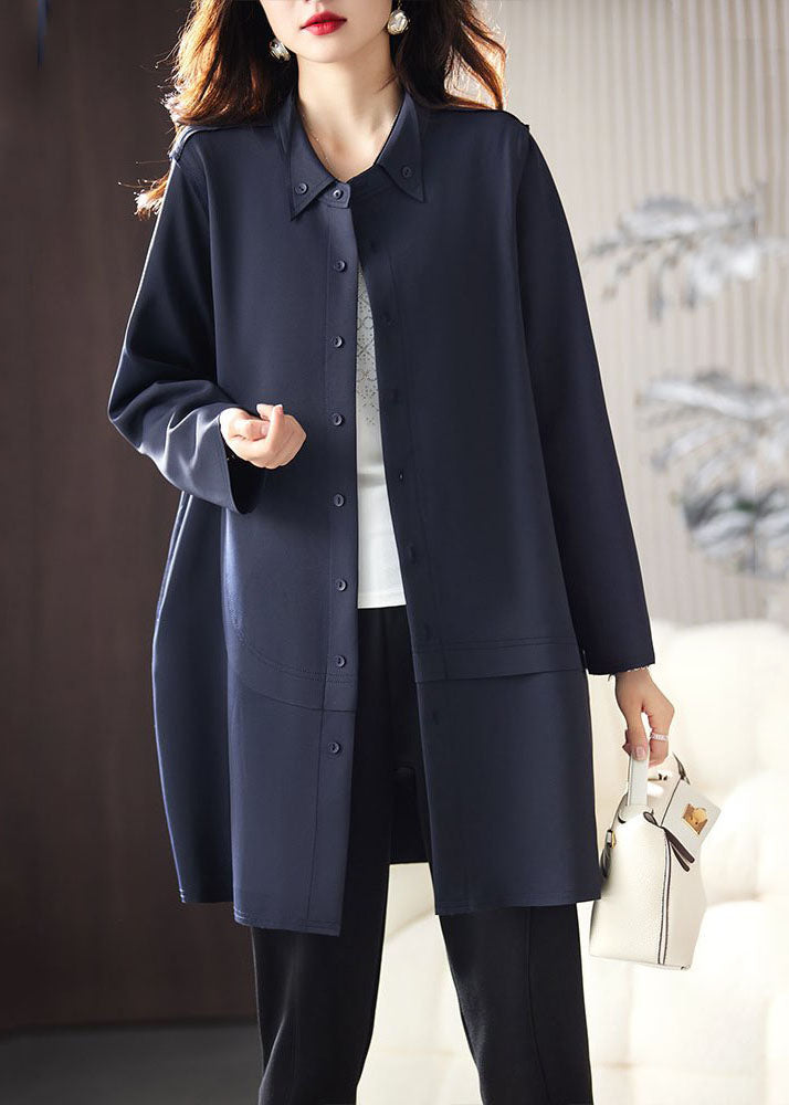 Classy Navy Blue Peter Pan Collar Button Patchwork Coats Long Sleeve