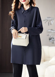 Classy Navy Blue Peter Pan Collar Button Patchwork Coats Long Sleeve