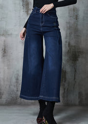 Classy Navy Embroidered Denim Wide Leg Pants Summer