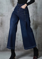 Classy Navy Embroidered Denim Wide Leg Pants Summer