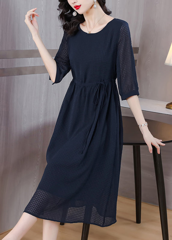 Classy Navy O Neck Drawstring Chiffon Dress Summer