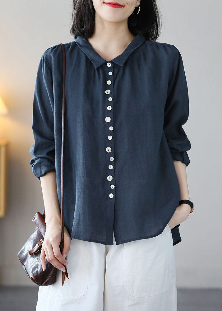 Classy Navy Peter Pan Collar Button Linen Shirt Tops Long Sleeve