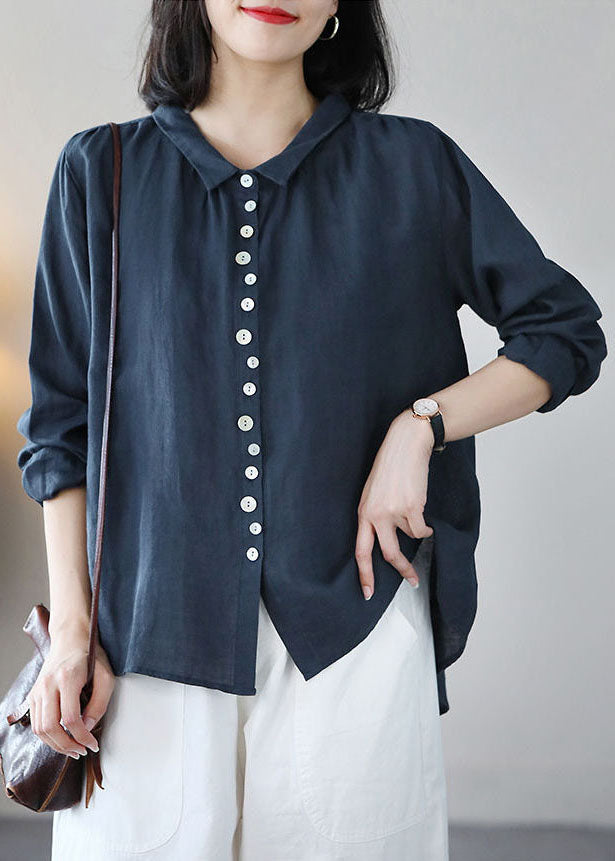 Classy Navy Peter Pan Collar Button Linen Shirt Tops Long Sleeve