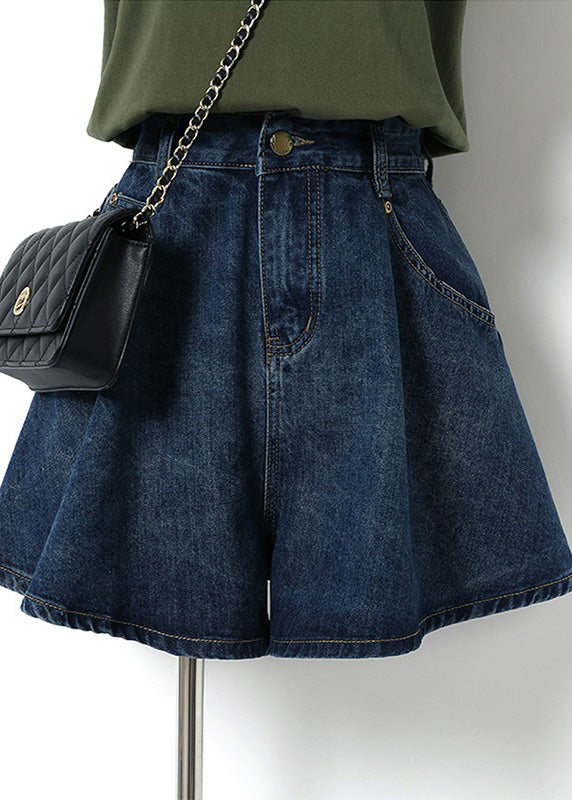 Classy Navy Pockets Patchwork High Waist Button Denim Shorts