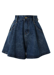 Classy Navy Pockets Patchwork High Waist Button Denim Shorts