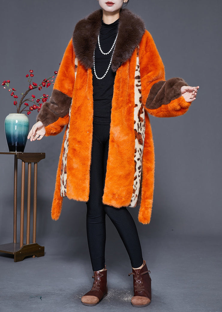 Classy Orange Fur Collar Patchwork Leopard Faux Fur Coat Winter