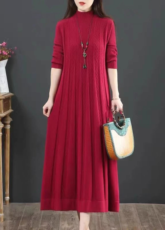 Classy Orange Hign Neck Wrinkled Patchwork Knit Long Dress Winter