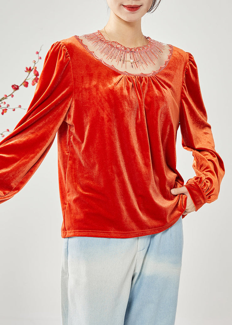 Classy Orange Hollow Out Patchwork Sequins Silk Velour Shirt Tops Spring