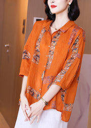 Classy Orange Peter Pan Collar Print Button Linen Shirts Long Sleeve