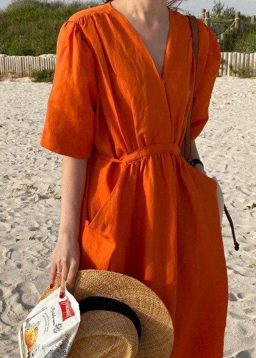 Classy Orange V Neck Pockets Patchwork Tie Waist Cotton Maxi Dress Summer