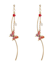 Classy Pink Butterfly And Line Copper Gem Stone Drop Earrings