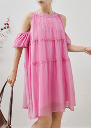 Classy Pink Cold Shoulder Chiffon Beach Dress Summer