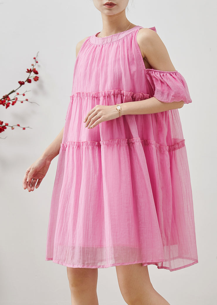 Classy Pink Cold Shoulder Chiffon Beach Dress Summer