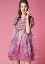 Classy Pink Embroideried Patchwork Wrinkled Organza Dress Short Sleeve