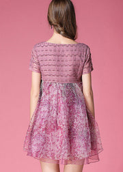 Classy Pink Embroideried Patchwork Wrinkled Organza Dress Short Sleeve