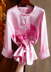 Classy Pink O-Neck Embroideried Floral Silk Top Long Sleeve