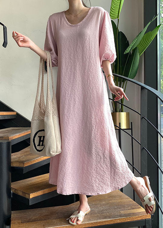 Classy Pink O-Neck Oversized Wrinkled Cotton A Line Dresses Puff Sleeve