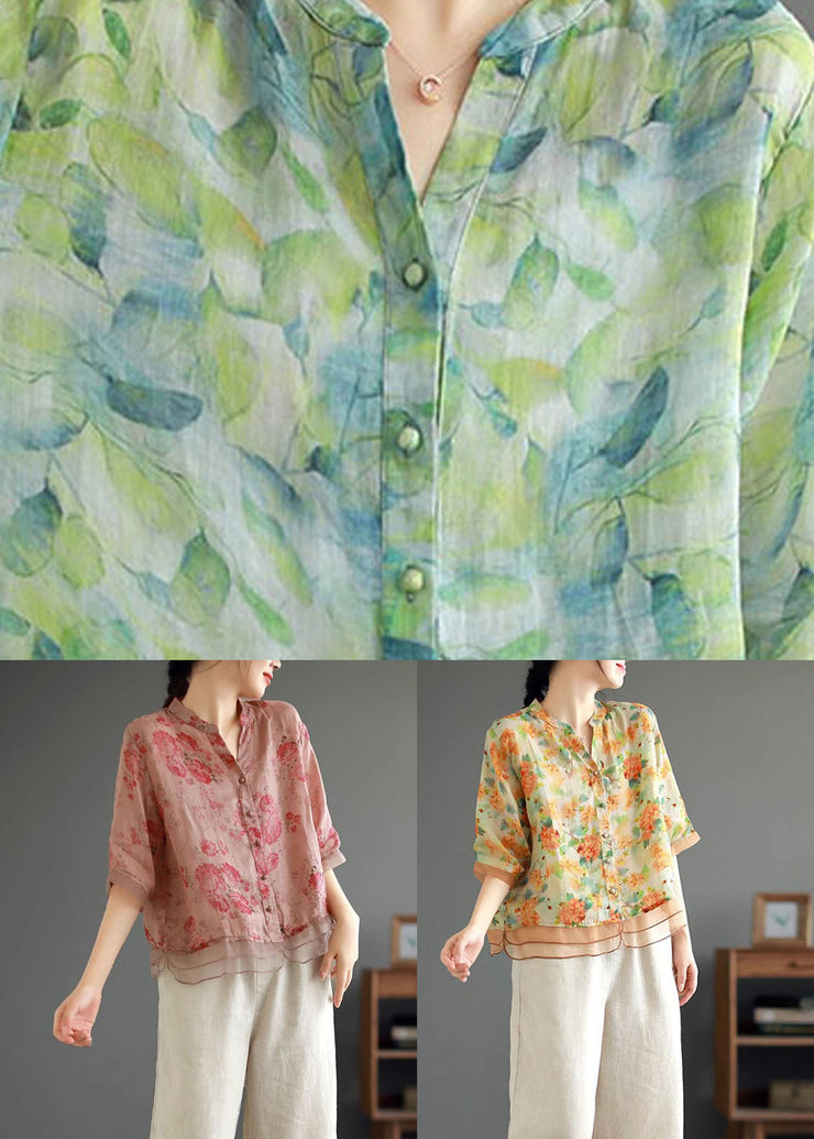 Classy Pink Print Button Patchwork Linen Shirts Top Summer