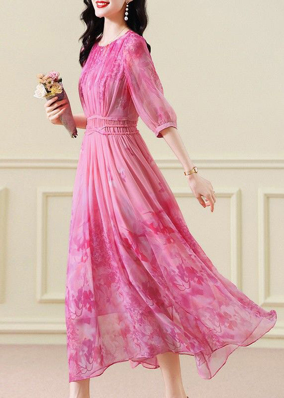 Classy Pink Print Wrinkled Tie Waist Chiffon Maxi Dresses Half Sleeve