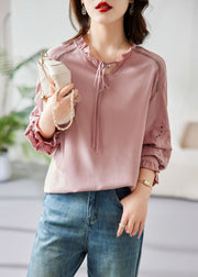 Classy Pink Ruffled Patchwork Hollow Out Silk Shirt Fall