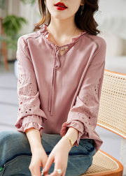 Classy Pink Ruffled Patchwork Hollow Out Silk Shirt Fall