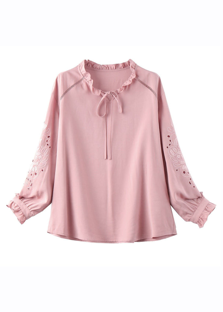 Classy Pink Ruffled Patchwork Hollow Out Silk Shirt Fall