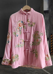 Classy Pink Stand Collar Embroideried Patchwork Silk Velour Outwear Spring