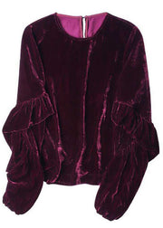 Classy Purple O-Neck Oversized Silk Velour Shirt Top Long Sleeve