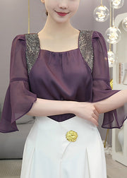 Classy Purple Square Collar Patchwork Chiffon Tops Butterfly Sleeve