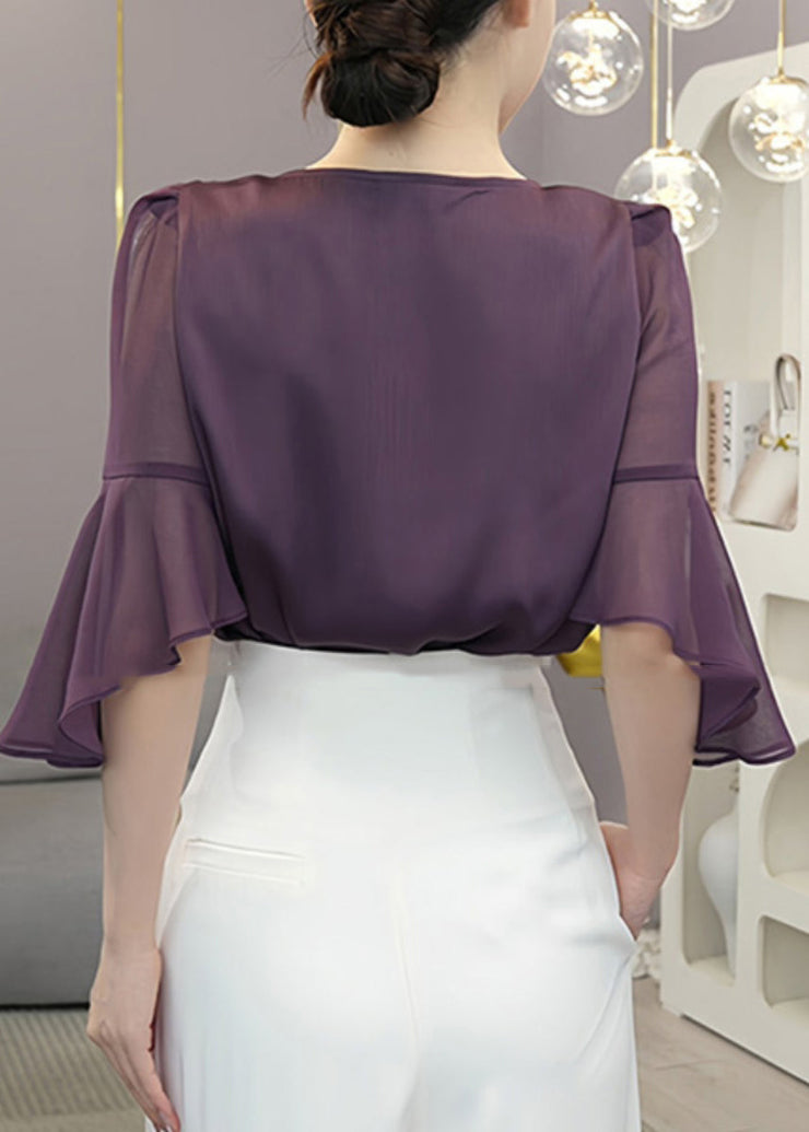 Classy Purple Square Collar Patchwork Chiffon Tops Butterfly Sleeve