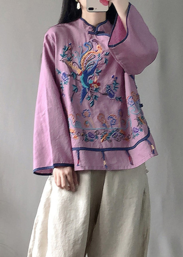 Classy Purple Stand Collar Embroideried Floral Linen Top Long Sleeve