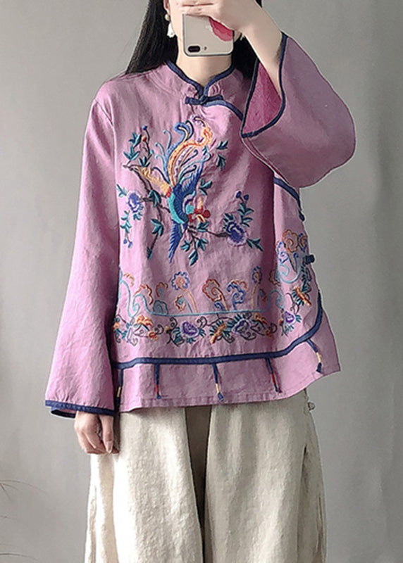 Classy Purple Stand Collar Embroideried Floral Linen Top Long Sleeve