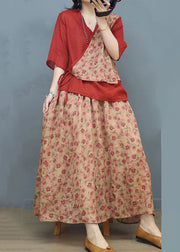 Classy Red Asymmetrical Print Patchwork Cotton Two Pieces Set Summer