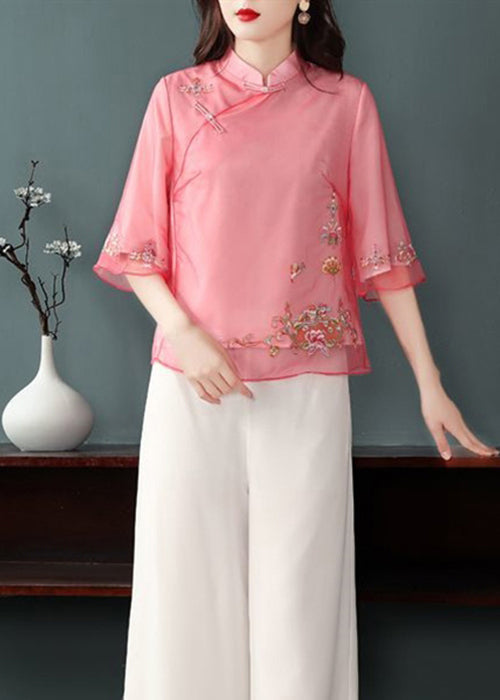 Classy Red Embroideried Chines Button Patchwork Chiffon Top Half Sleeve