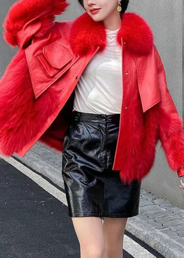 Classy Red Fur Collar Patchwork Faux Fur Jackets Winter