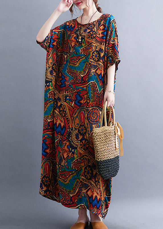 Classy Red O-Neck Print Cozy Long Dresses Summer