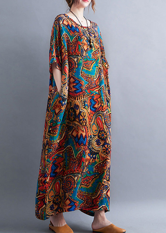 Classy Red O-Neck Print Cozy Long Dresses Summer