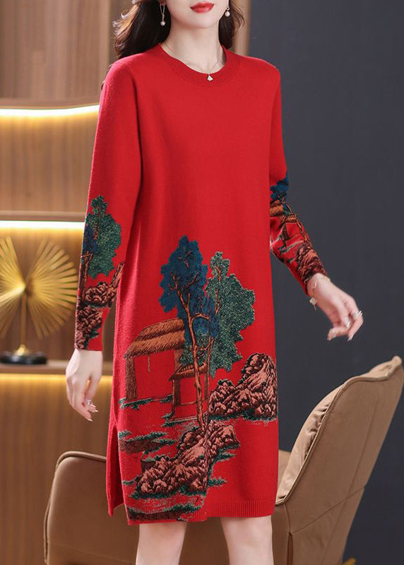 Classy Red O Neck Print Cozy Wool Knit Dress Spring