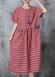 Classy Red Oversized Plaid Linen Dress Summer