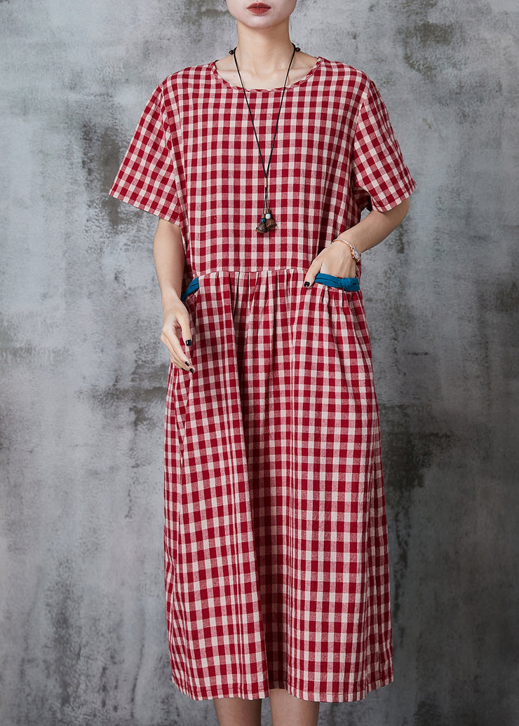 Classy Red Oversized Plaid Linen Dress Summer