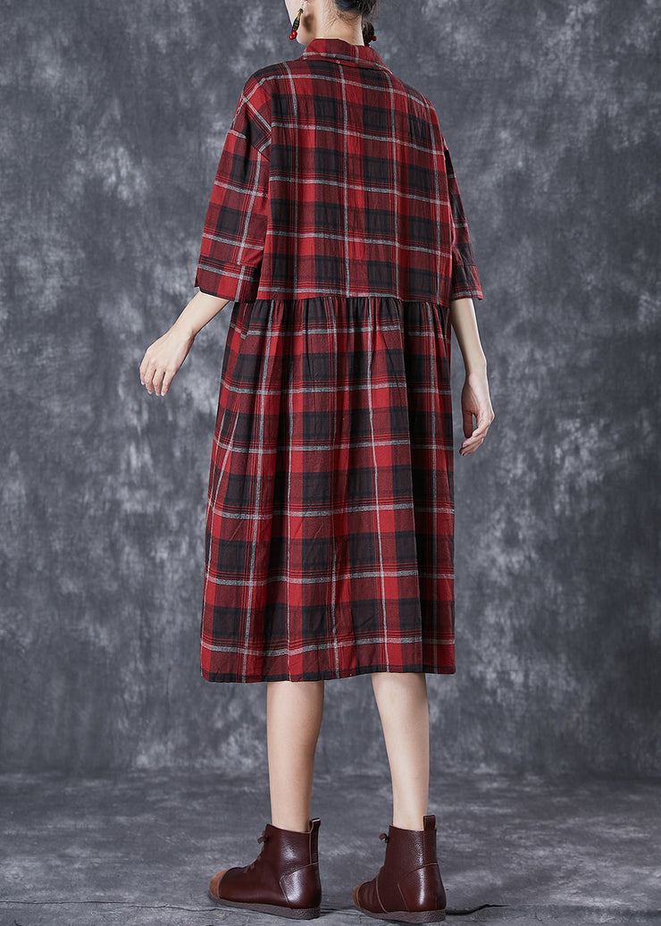 Classy Red Oversized Plaid Linen Shirt Dress Summer