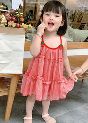 Classy Red Plaid Ruffled Patchwork Kids Chiffon Girls Slip Mid Dress Sleeveless