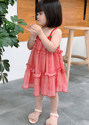 Classy Red Plaid Ruffled Patchwork Kids Chiffon Girls Slip Mid Dress Sleeveless