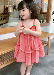 Classy Red Plaid Ruffled Patchwork Kids Chiffon Girls Slip Mid Dress Sleeveless