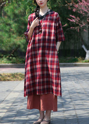 Classy Red Plaid V Neck Patchwork Cotton Dress Half Sleeve