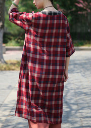 Classy Red Plaid V Neck Patchwork Cotton Dress Half Sleeve