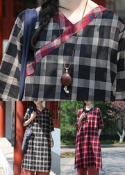 Classy Red Plaid V Neck Patchwork Cotton Dress Half Sleeve