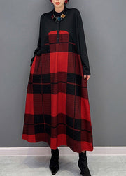 Classy Red Stand Collar Plaid Button Vacation Maxi Dresses Long Sleeve