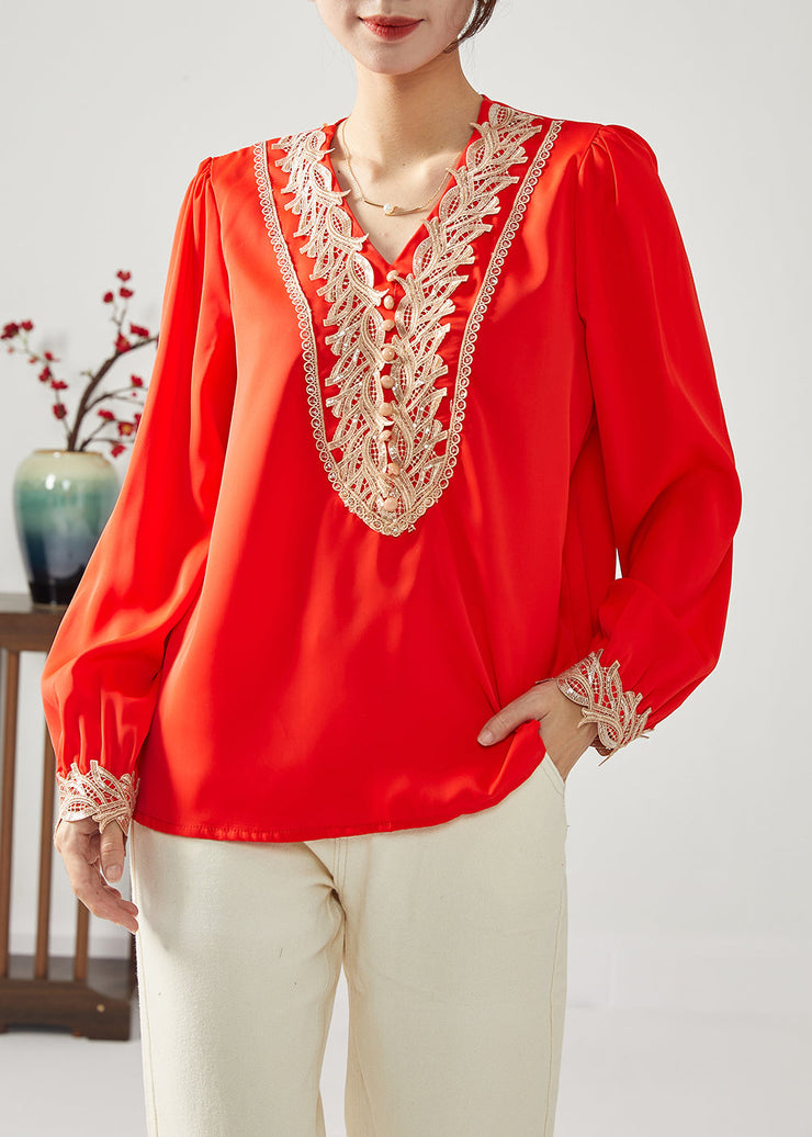 Classy Red V Neck Patchwork Draping Chiffon Tops Spring